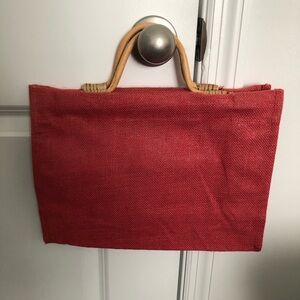 Jute Woven Coral Tote Bag with Bamboo Handles